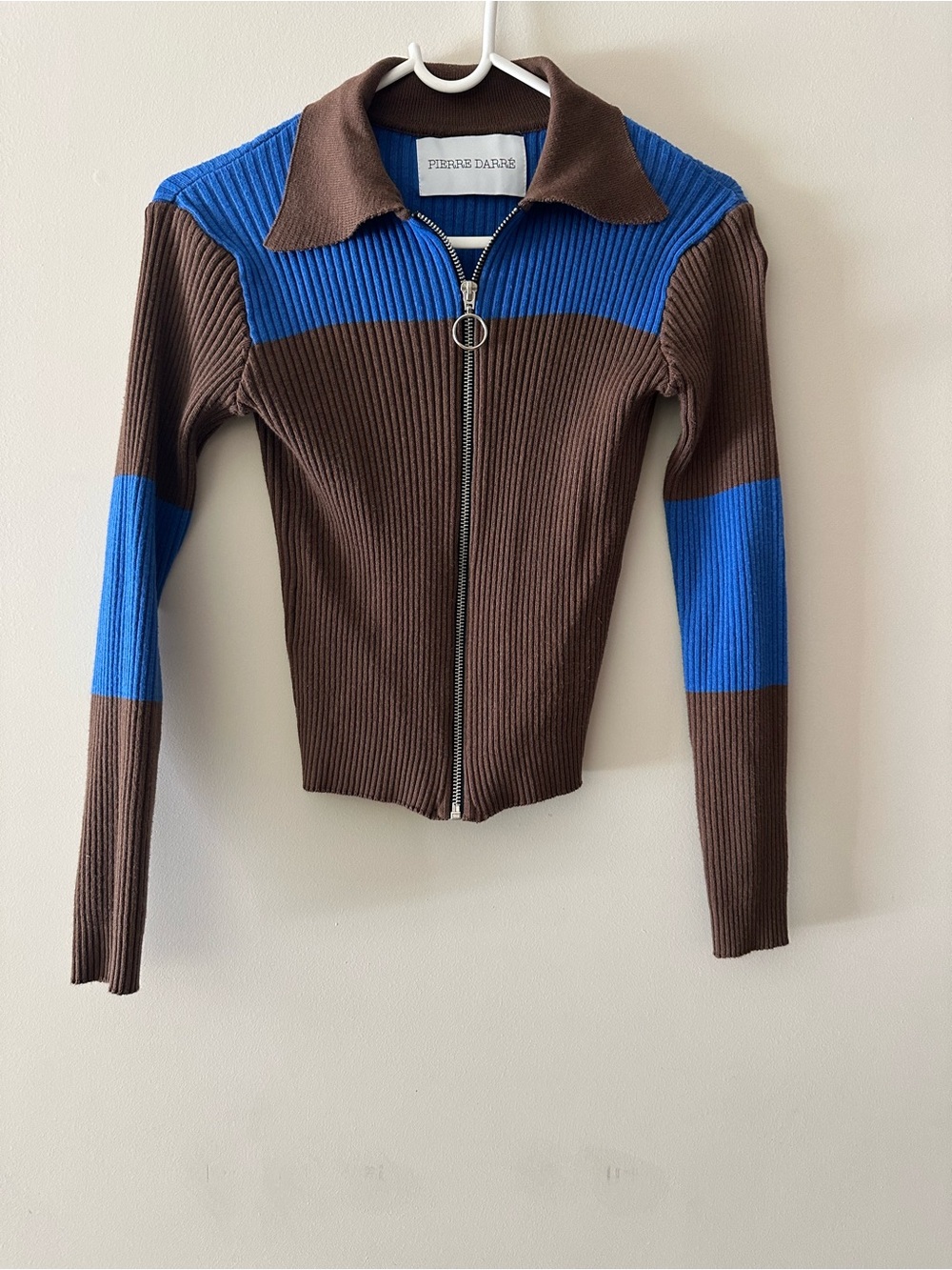 Brown & Blue Ribbed Zip-Front Top